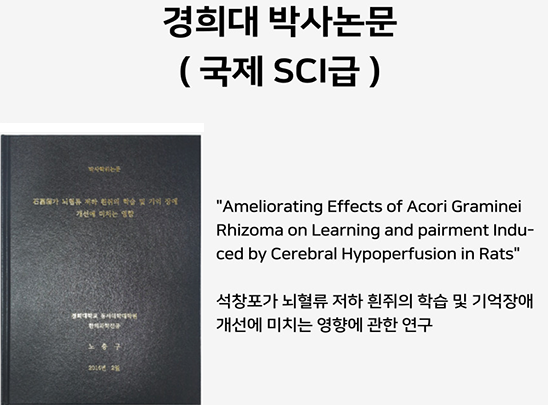 1. 뇌움한의원 원장의 경희대학교 한의학 박사 논문 표지 이미지. 국제 SCI급 논문으로, '석창포가 뇌혈류 저하 쥐의 학습 및 기억장애 개선에 미치는 영향'에 대한 연구를 통해 뇌움탕의 뇌기능 향상 효과에 대한 학술적 근거를 제시.