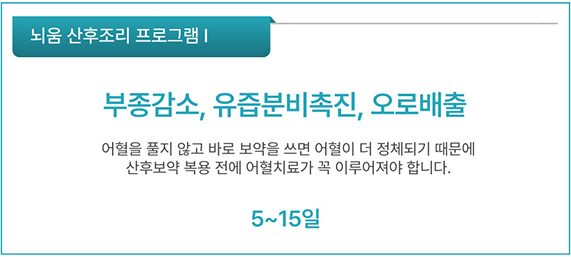 1. 뇌움한의원 산후조리 프로그램 I (5~15일)에 대한 설명. 오로 배출, 부종 감소, 유즙 분비 촉진을 목표로 하며, 어혈을 풀지 않고 바로 보약을 쓰면 어혈이 정체되므로 산후 보약 복용 전 어혈 치료가 꼭 필요함을 강조.