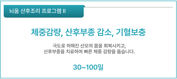 2. 뇌움한의원 산후조리 프로그램 II (30~100일)에 대한 설명. 체중 감량, 산후 부종 감소, 기혈 보충을 목표로 하며, 극도로 허해진 산모의 몸을 회복시키고 산후 부종을 치료하여 빠른 체중 감량을 돕는 프로그램임을 강조.